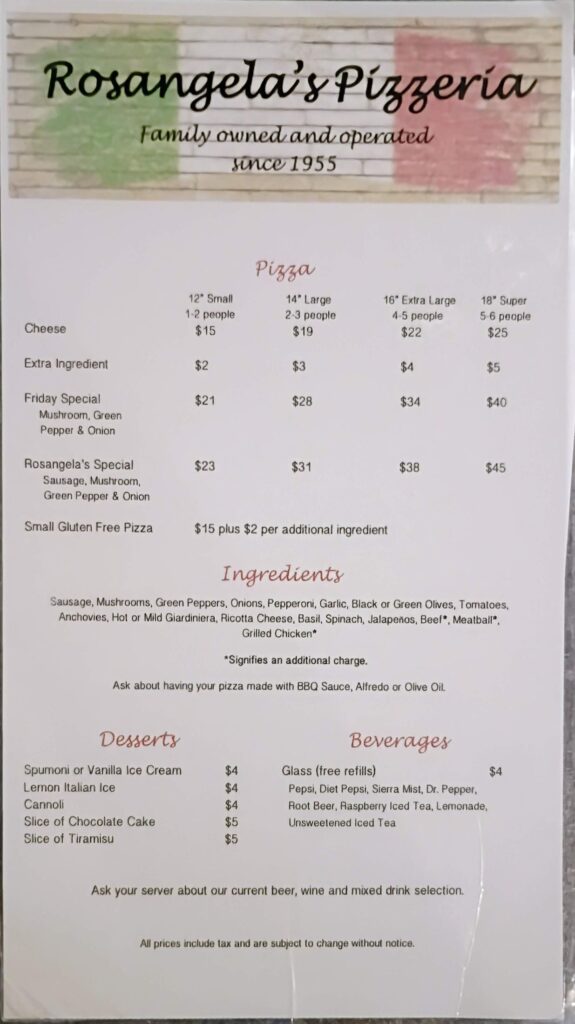 Rosangela’s Pizza Menu 1